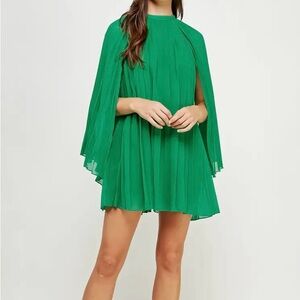 Green Cape-Sleeve Pleated Mini Dress - Women